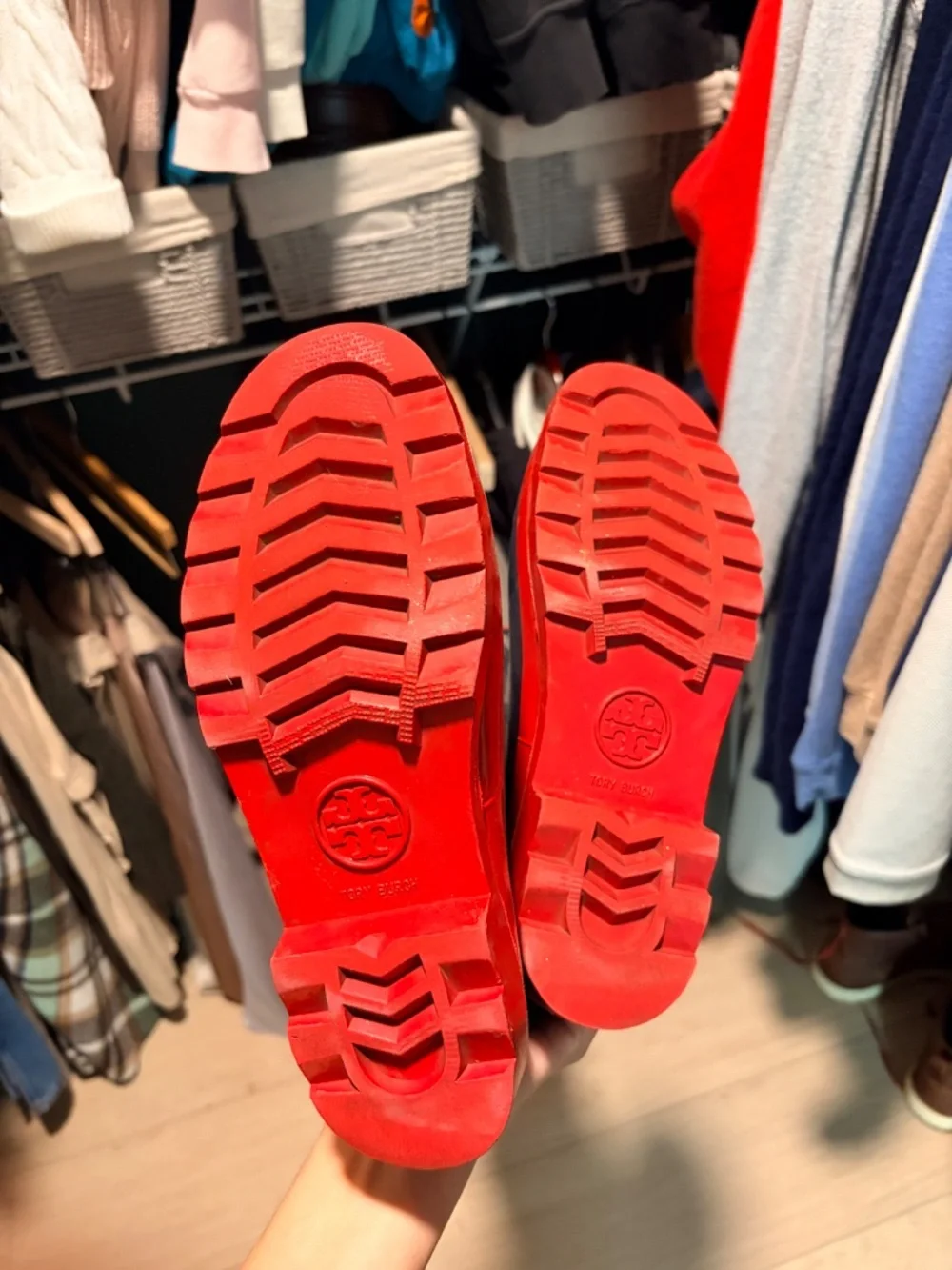 Tory Burch Navy and Red Rain Boots